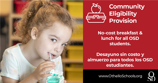 Little girl with milk carton - community eligibility provision. No cost breakfast and lunch for all OSD students